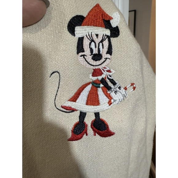 Disney Parks Christmas Minnie Mouse Embroidered Knit Cardigan Sweater XL Tan - Picture 2 of 7